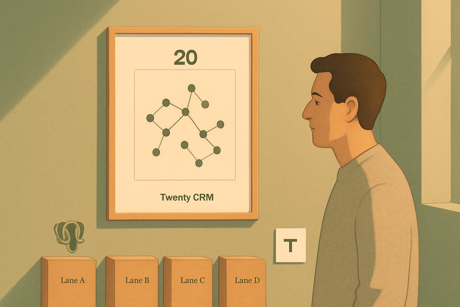 Editorial gallery scene with a framed Twenty CRM data-model graph exhibit and four labeled plinths for the four solo-founder fork lanes