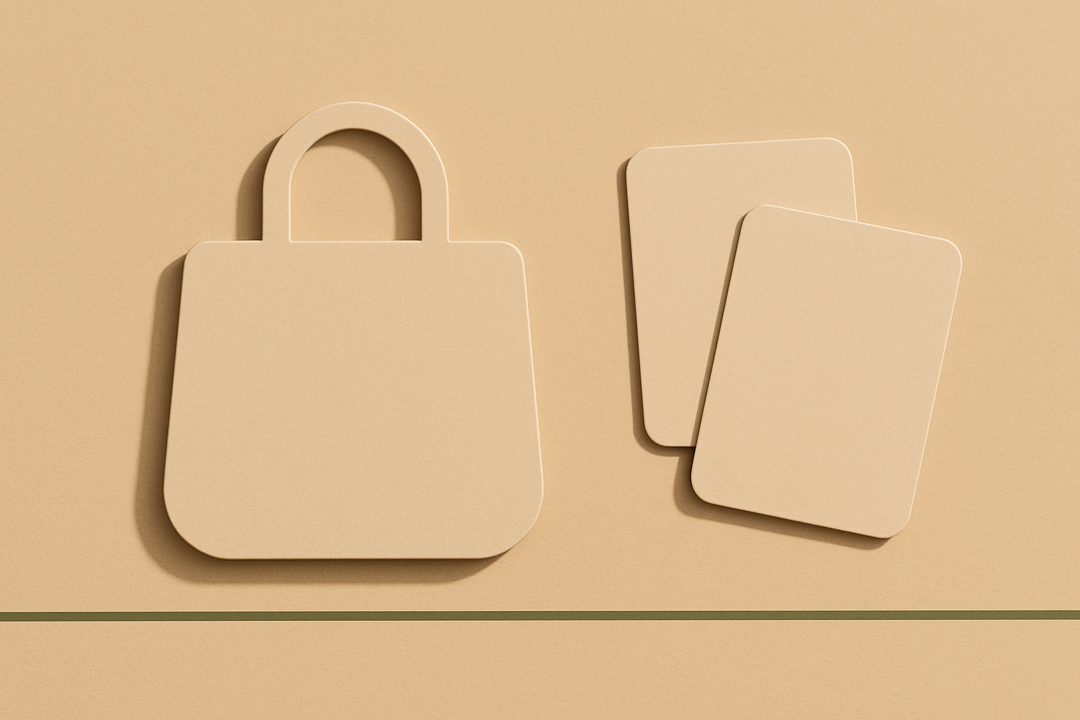 A rounded shopping-bag shape beside two cards on a warm beige paper background with a moss-green accent.