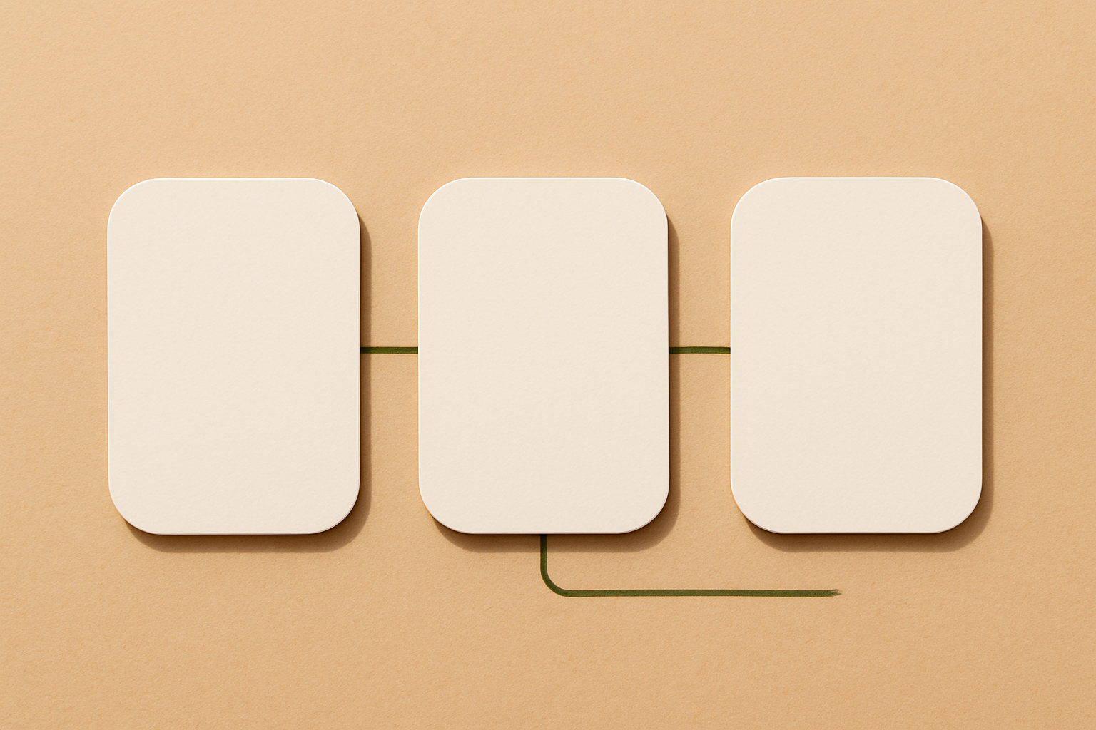Three rounded cards in a row with moss-green connectors on a warm beige paper background.