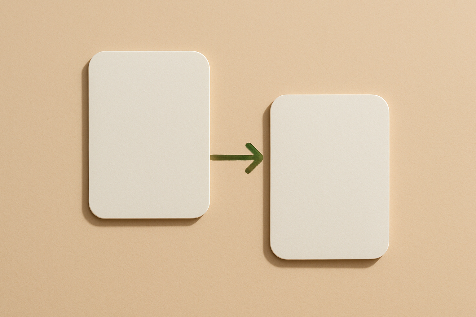 Two rounded catalog cards joined by a moss-green arrow on a warm beige paper background.