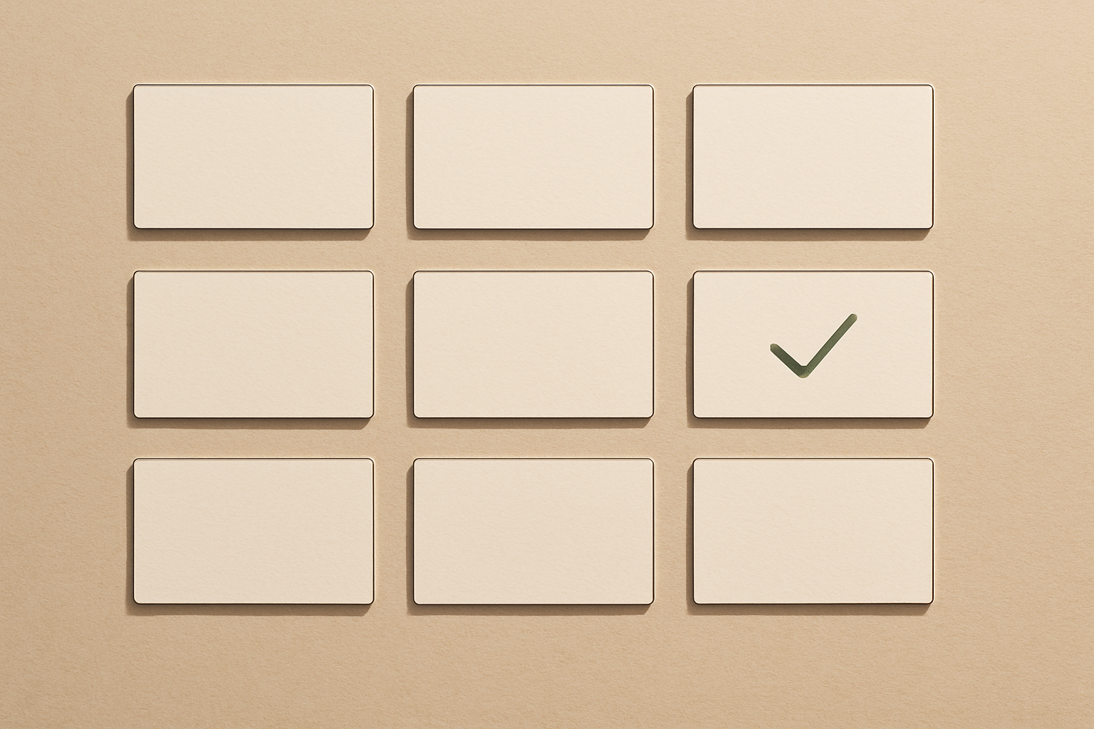 A minimalist flat-lay of ten blank catalog cards on warm beige paper with a single moss-green checkmark, ShipGarden gallery scorecard style