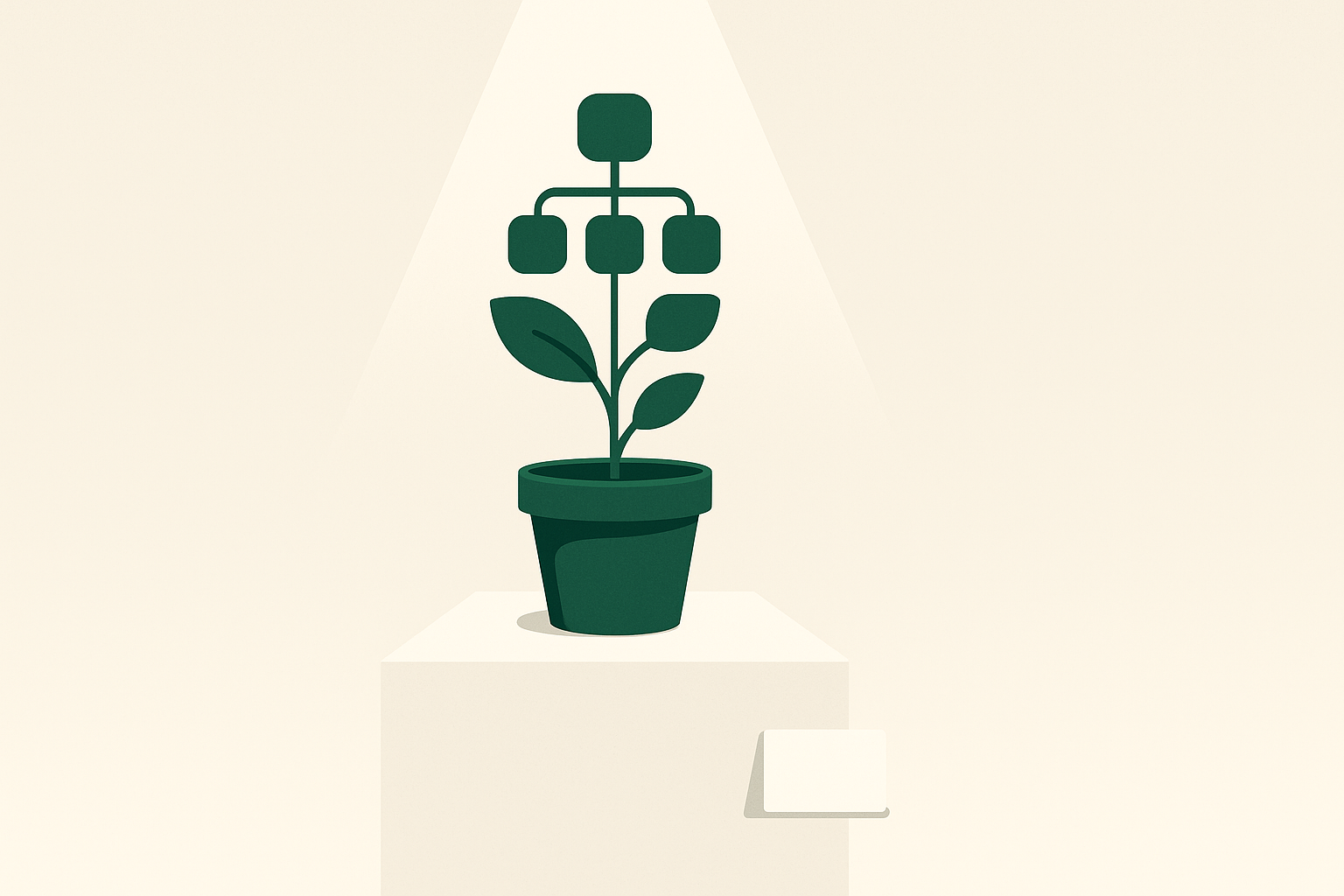 Flat illustration of a seedling with structured data-node leaves on a white gallery pedestal, representing a curated open-source backend.