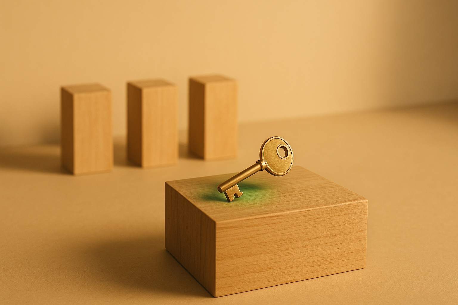 A single brass key on a curated gallery pedestal with three softer pedestals behind, moss-green accent, representing choosing one Next.js auth option