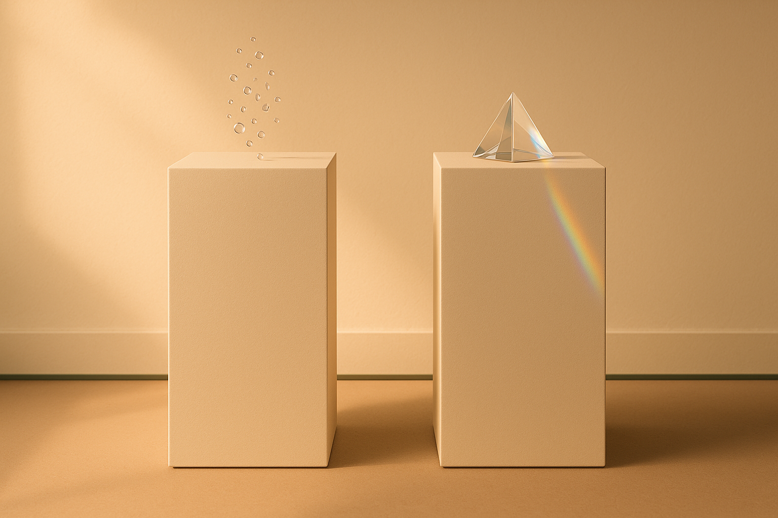 Two curated gallery pedestals under warm golden-hour light, one holding a cluster of glass water droplets and one holding a light-refracting prism