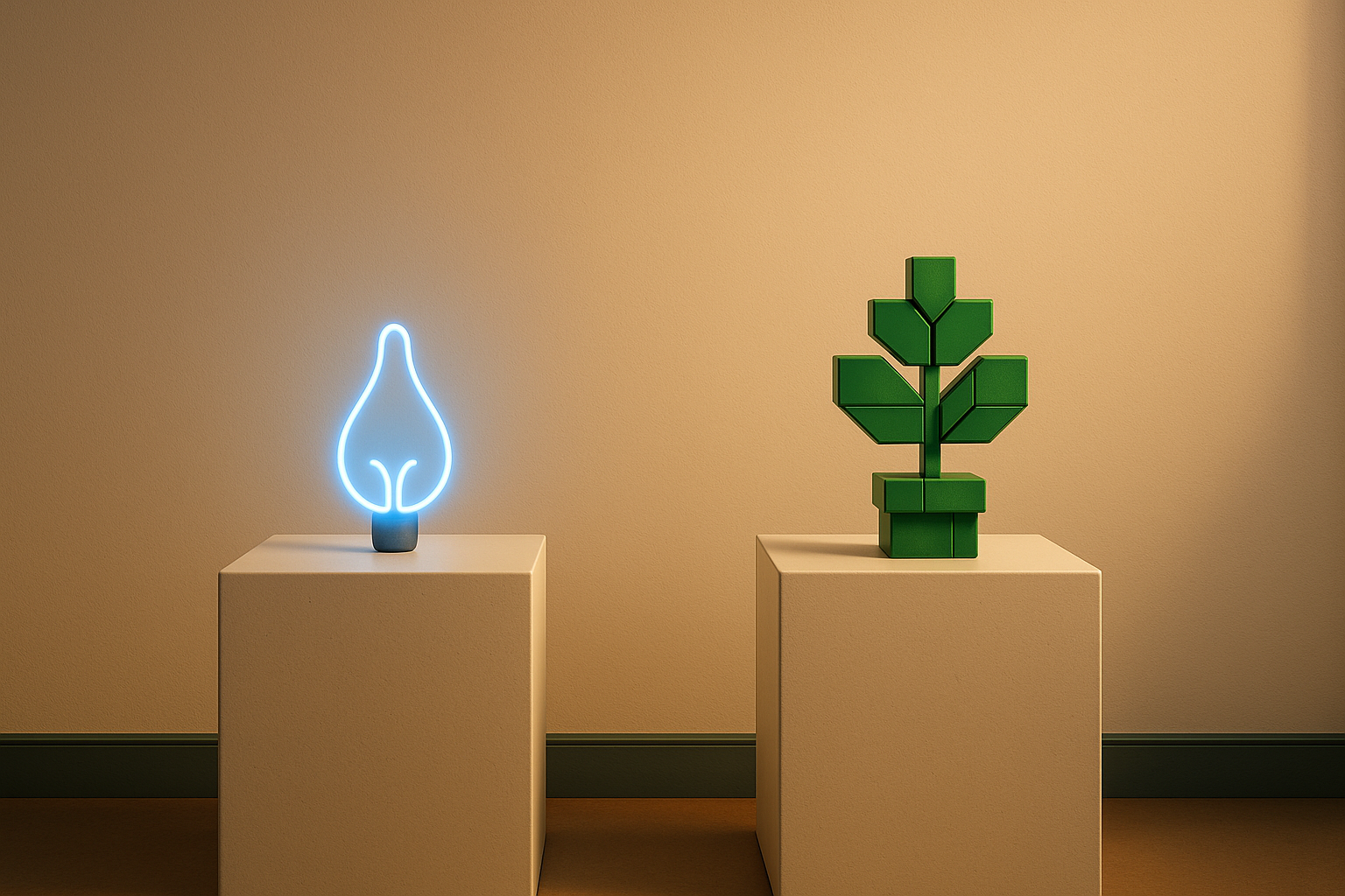Two curated gallery pedestals under warm light, one holding a glowing blue serverless filament that dims to zero, one holding a lush green modular block-plant