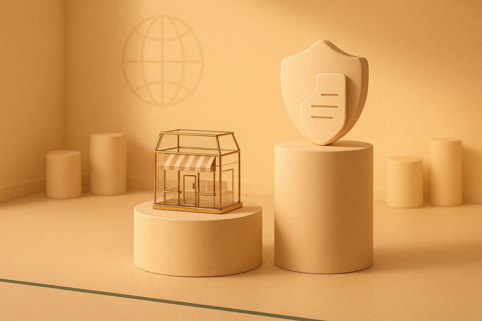 A glass storefront model and a shield merged with a ledger on gallery pedestals, symbolizing a merchant of record taking on tax liability for an online store
