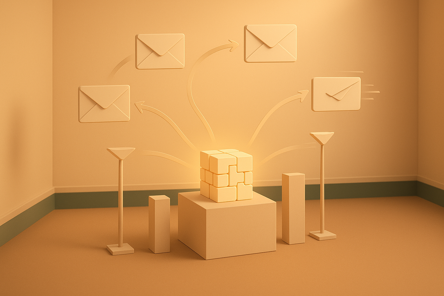 A warm gallery scene with a glowing modular block radiating four envelopes toward pedestals, illustrating a portable open-source email template layer feeding four sending providers.