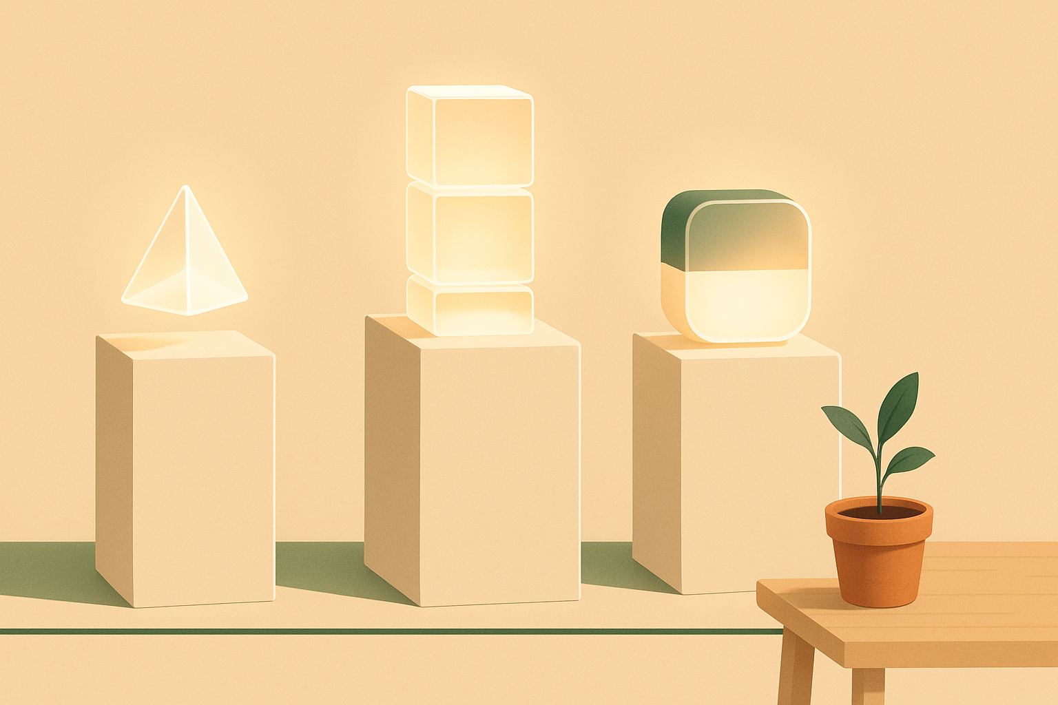Three museum pedestals of different heights holding abstract glowing forms for three ways to deploy a Next.js app, with a small potted seedling nearby, warm beige and moss green