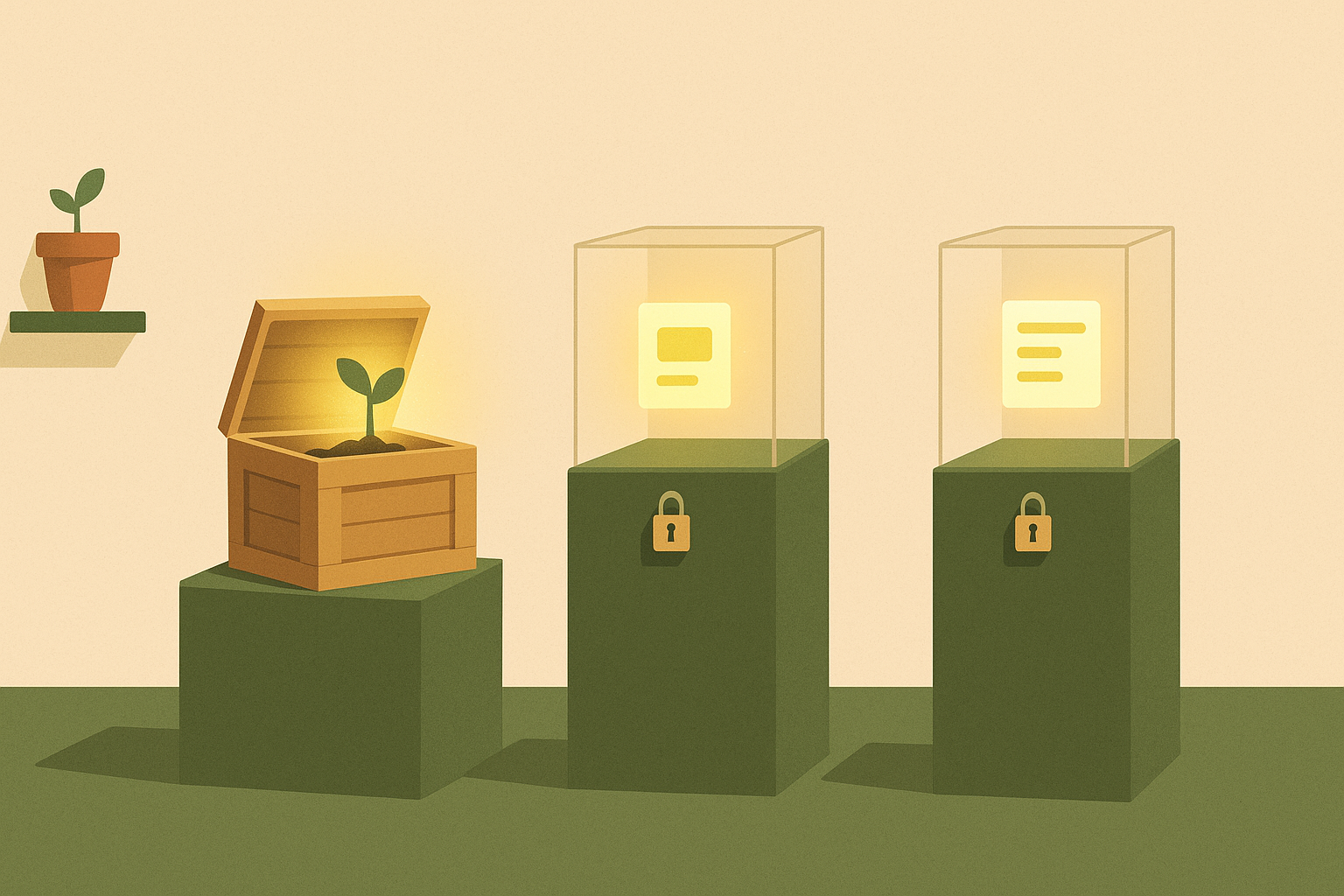An open wooden crate holding a glowing seedling beside two locked glass display cases, illustrating owning versus renting your content backend