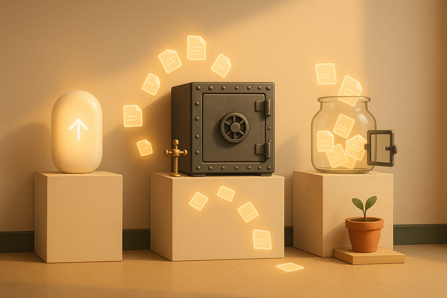 Three museum pedestals in a warm gallery: a managed uploader capsule, a metal vault with a toll gate, and an open jar of files flowing out freely, illustrating UploadThing, Amazon S3, and Cloudflare R2.