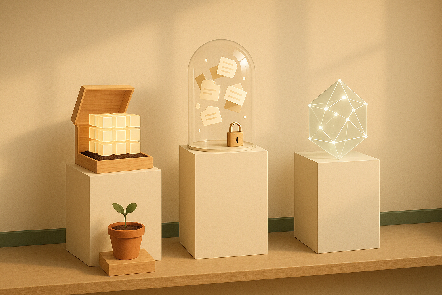 Three museum pedestals in a warm-beige gallery: an open crate of glowing cubes rooted in soil (Supabase), a sealed glass dome of document cards with a padlock (Firebase), and a crystalline node-prism (Convex).