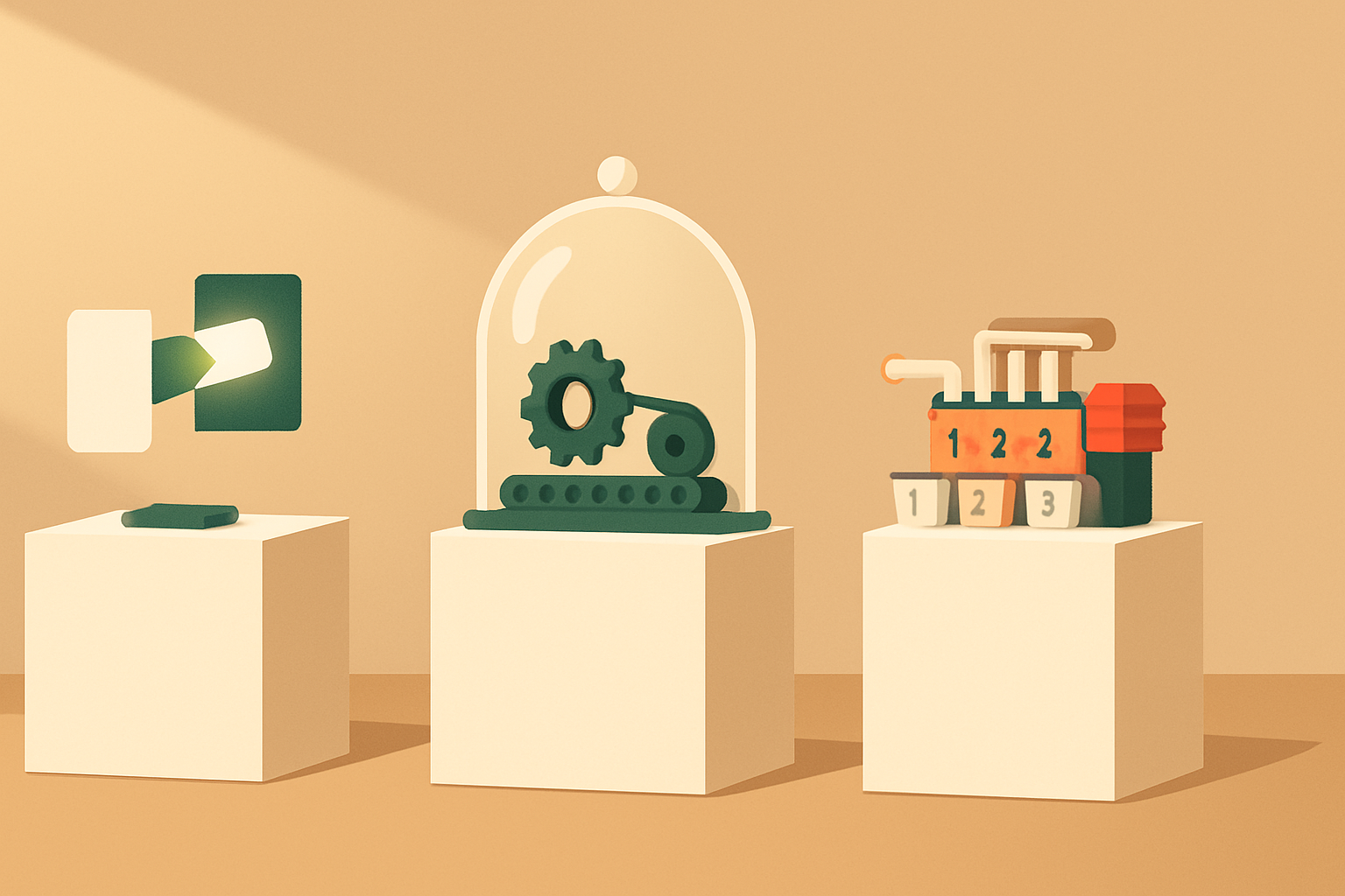 Three museum pedestals in a warm gallery: a glowing event relay passing a baton of light, a single long-running gear engine under a glass dome on a conveyor, and numbered buckets feeding a red Redis engine with pipes, illustrating Inngest, Trigger.dev, and BullMQ background-job models.