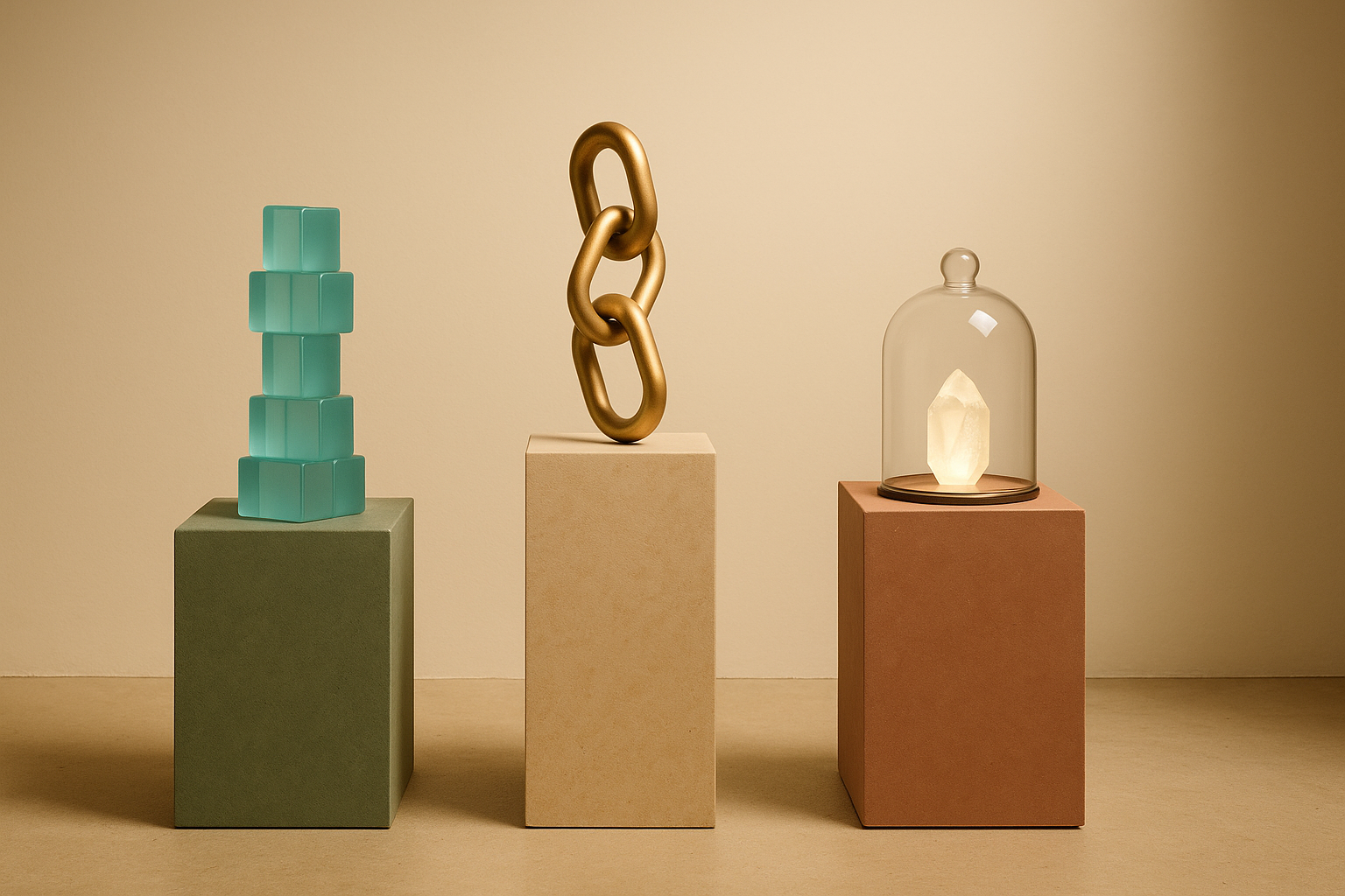 Three pedestals in a warm ShipGarden gallery: a tower of modular teal blocks, an interlocking brass chain, and a crystal preserved under a glass bell jar, illustrating Mastra's modular TypeScript framework, LangChain.js composability, and the archived LlamaIndex.TS.
