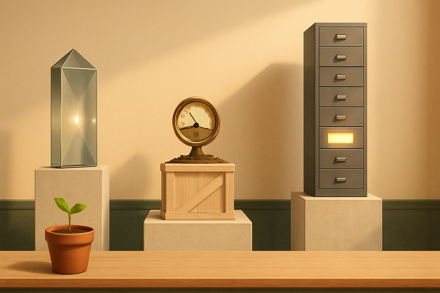Three gallery pedestals holding a glass prism, a small brass instrument on a crate, and a tall multi-drawer cabinet with one drawer glowing, representing three open-source CRMs.