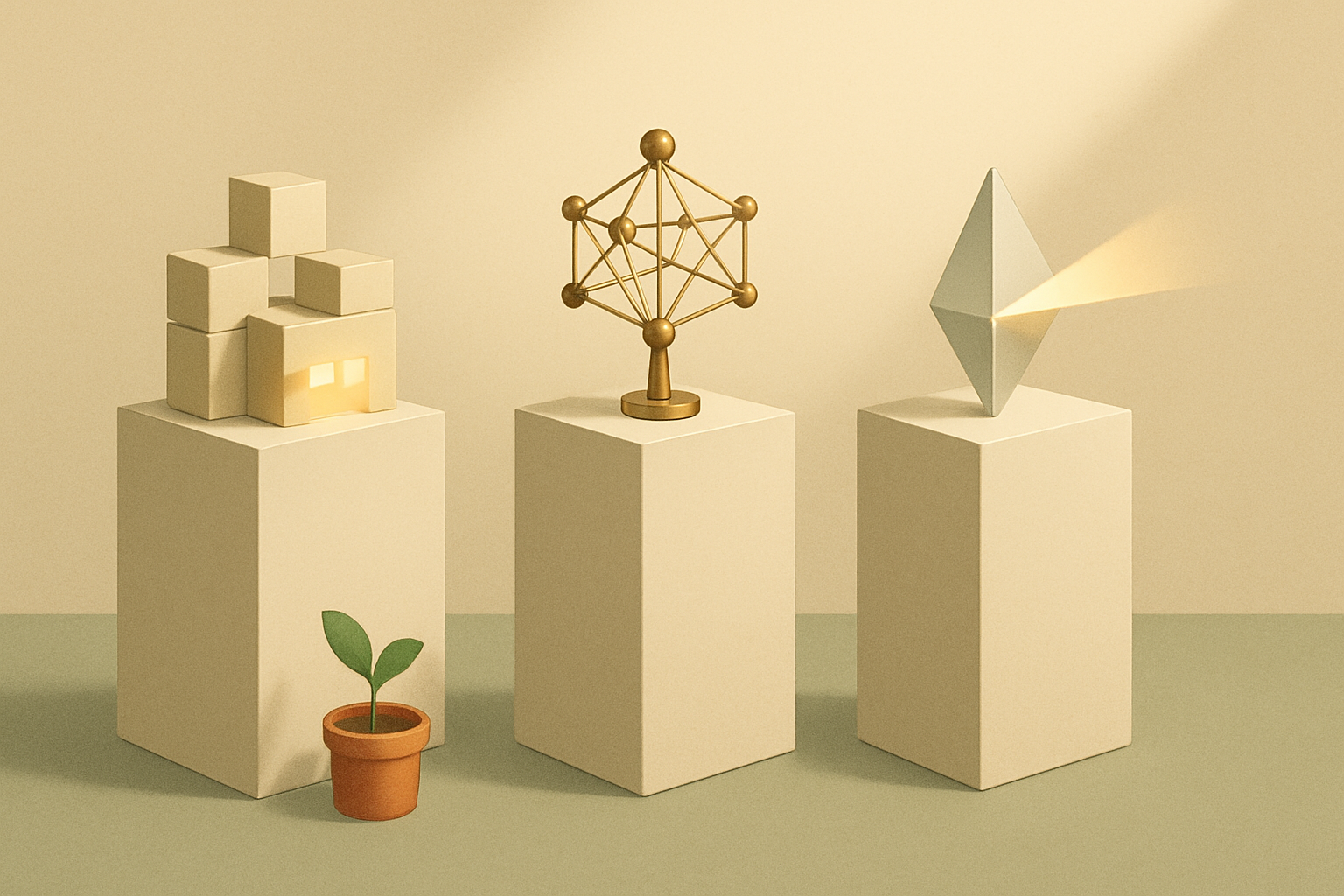 Three museum pedestals in a warm gallery: modular blocks assembling into a small glowing storefront, a brass graph-node network hub, and a crystalline prism splitting one beam of light into several channels, illustrating Medusa, Saleor, and Vendure open-source commerce engines.
