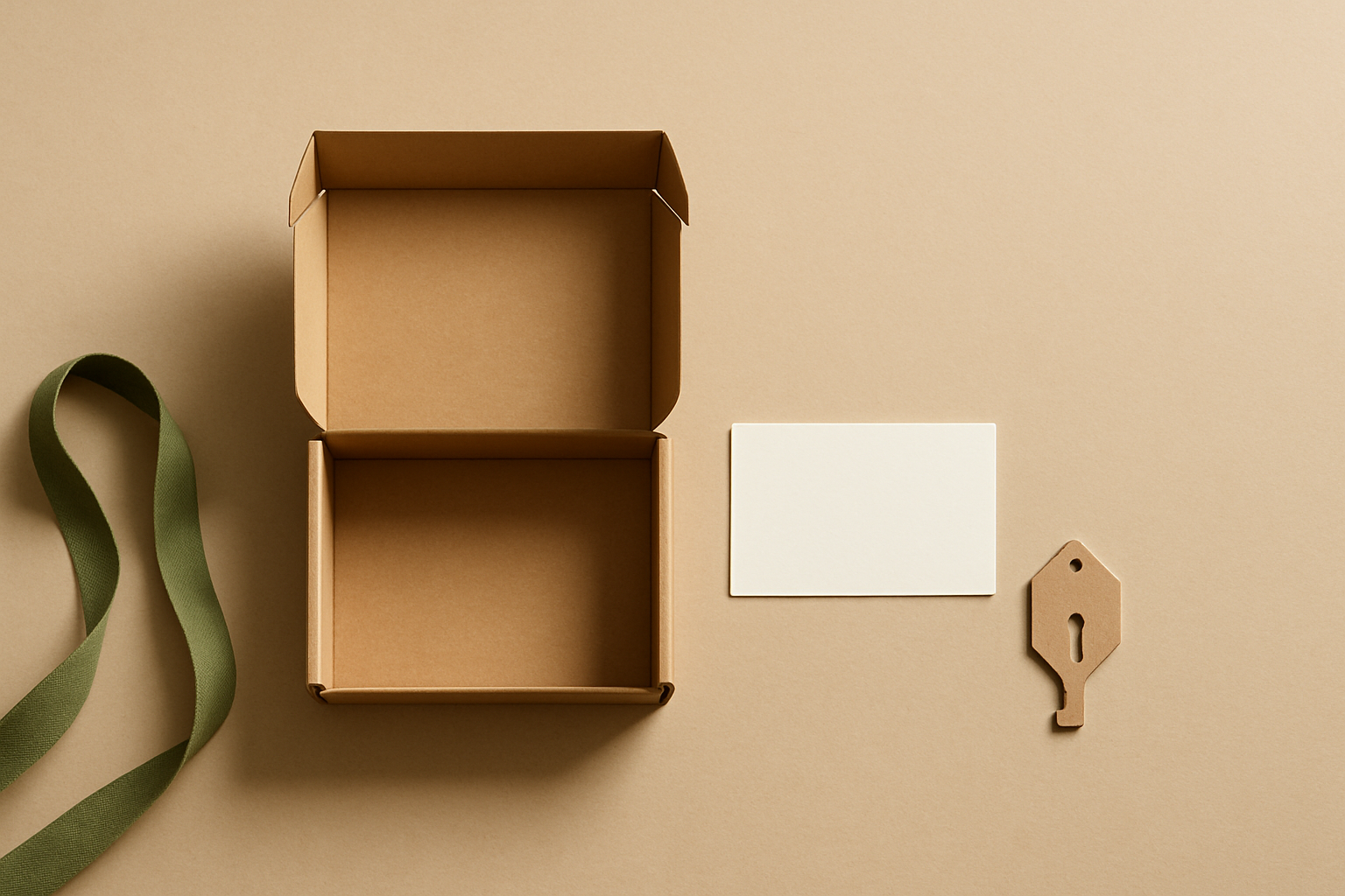 Minimalist flat-lay of an open kraft box, a blank white catalog card, and a paper tag on warm beige paper with a single moss-green ribbon, ShipGarden gallery style