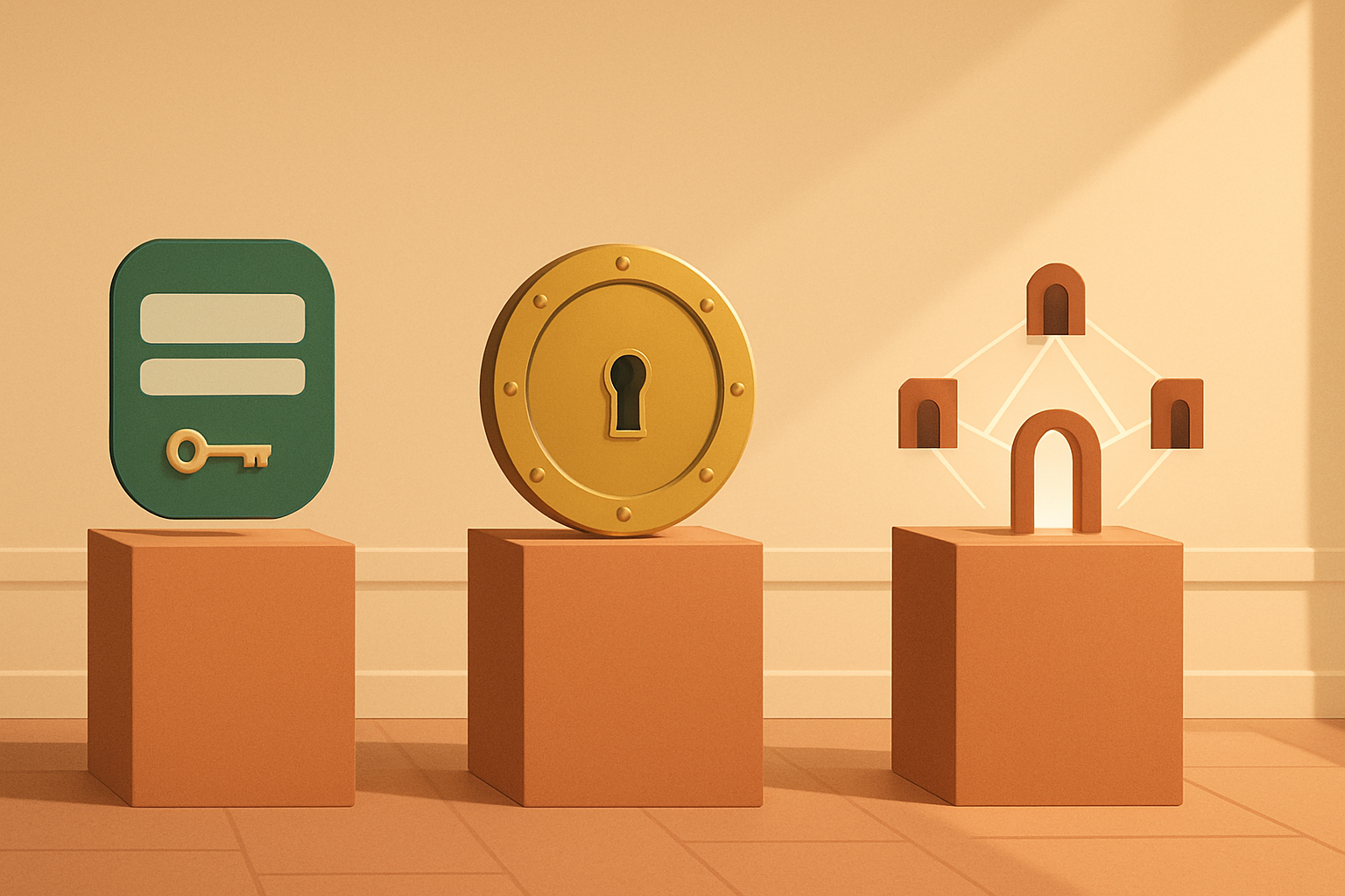 Three museum pedestals in a warm gallery: a green sign-in card with a key, a brass vault door with a keyhole, and small doorways linked into one gateway.