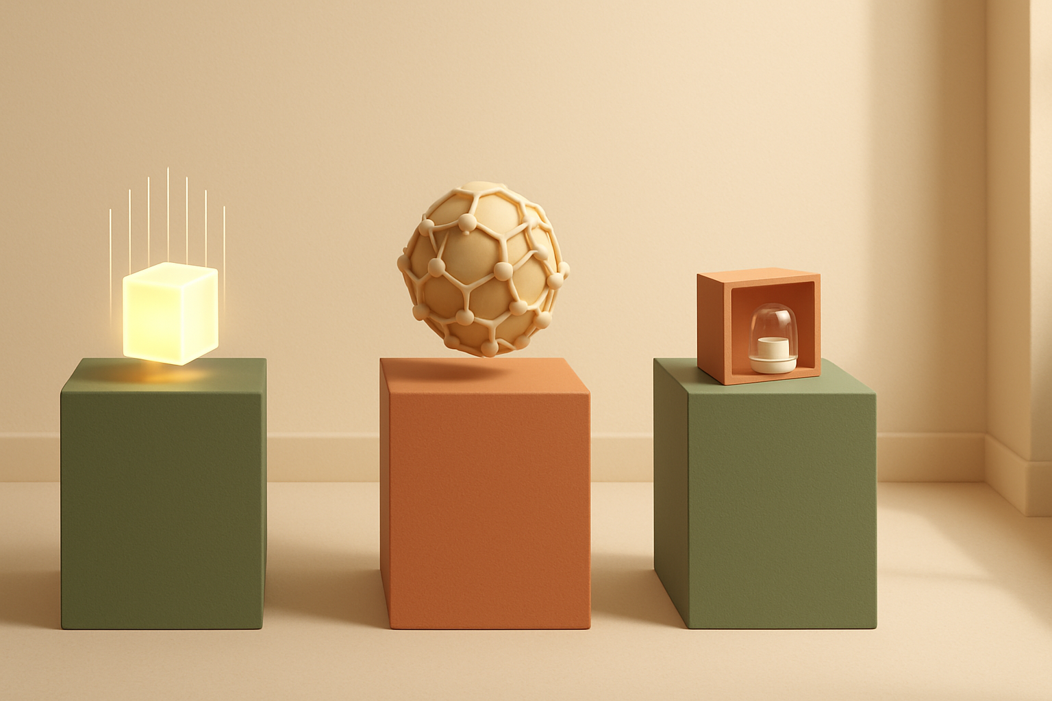 Three museum pedestals in a warm beige gallery: a glowing filtered cube, a honeycomb node sphere, and a small capsule nested inside an open box.
