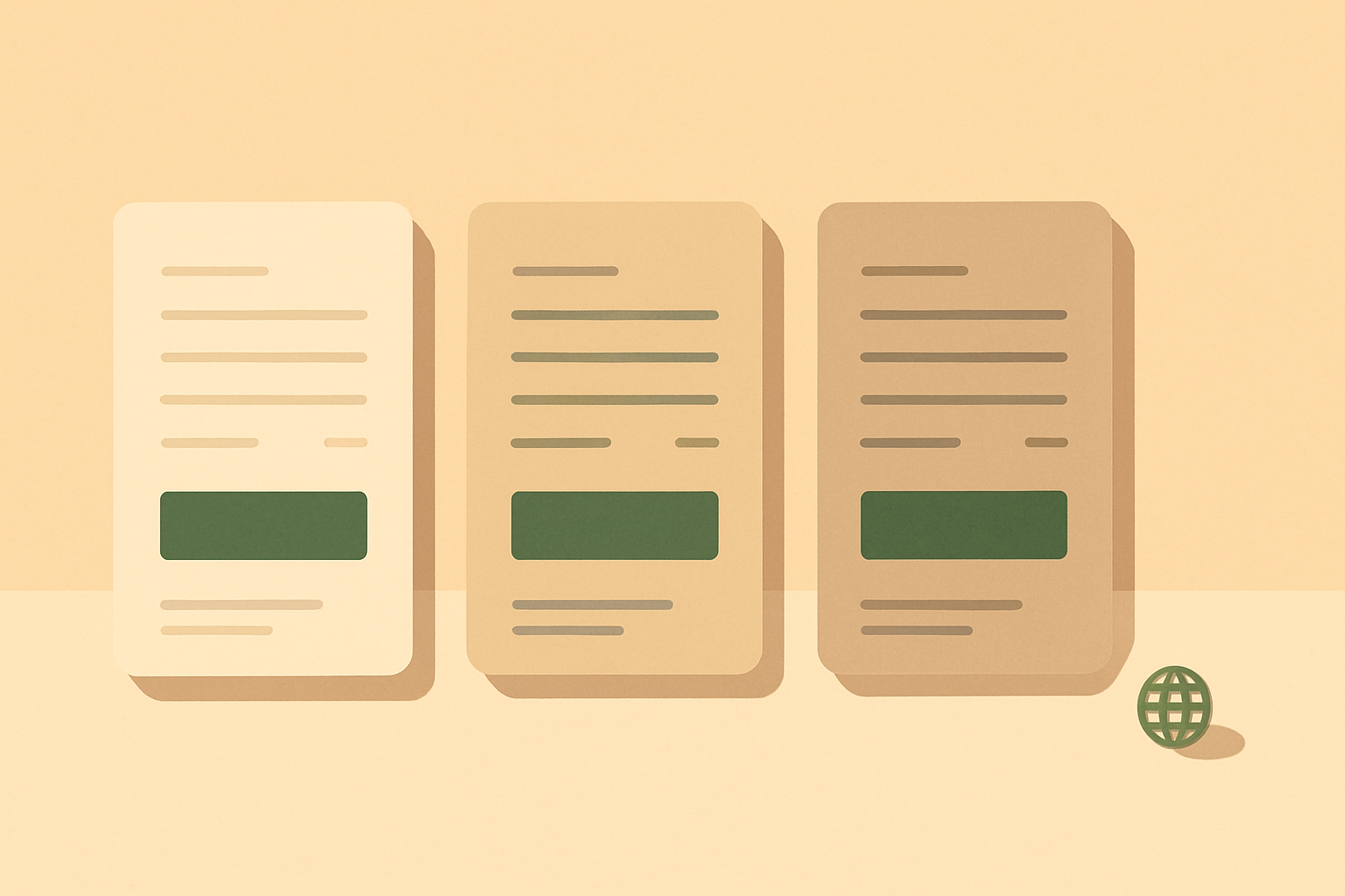 Three stylized checkout cards side by side on a warm beige desk with a moss-green accent, representing Polar, Lemon Squeezy, and Paddle merchant-of-record providers