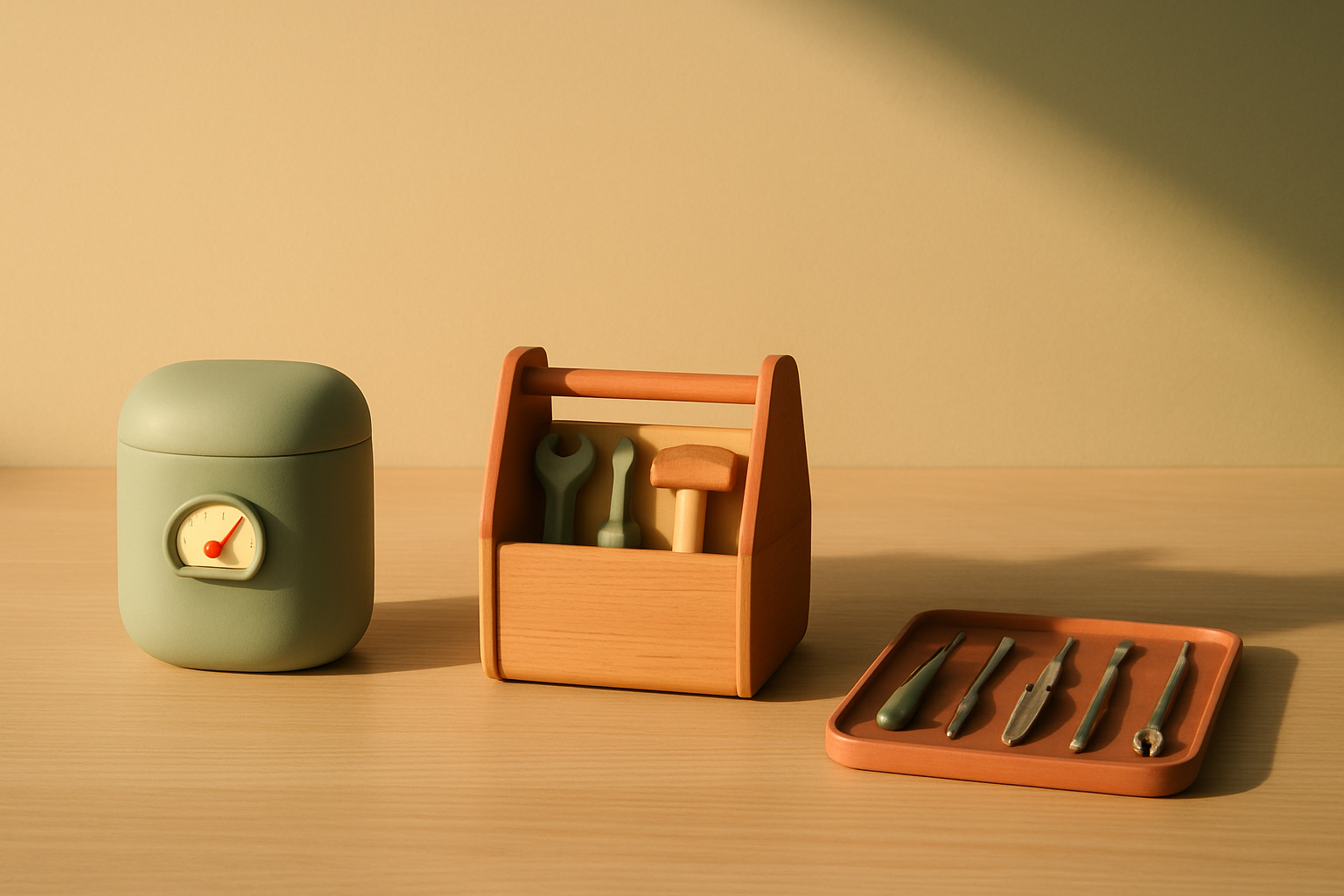 Three stylized objects on a warm beige desk, a sealed dial vessel, an open wooden toolbox, and a tray of bare hand tools, representing the abstraction ladder from Prisma to Drizzle to Kysely