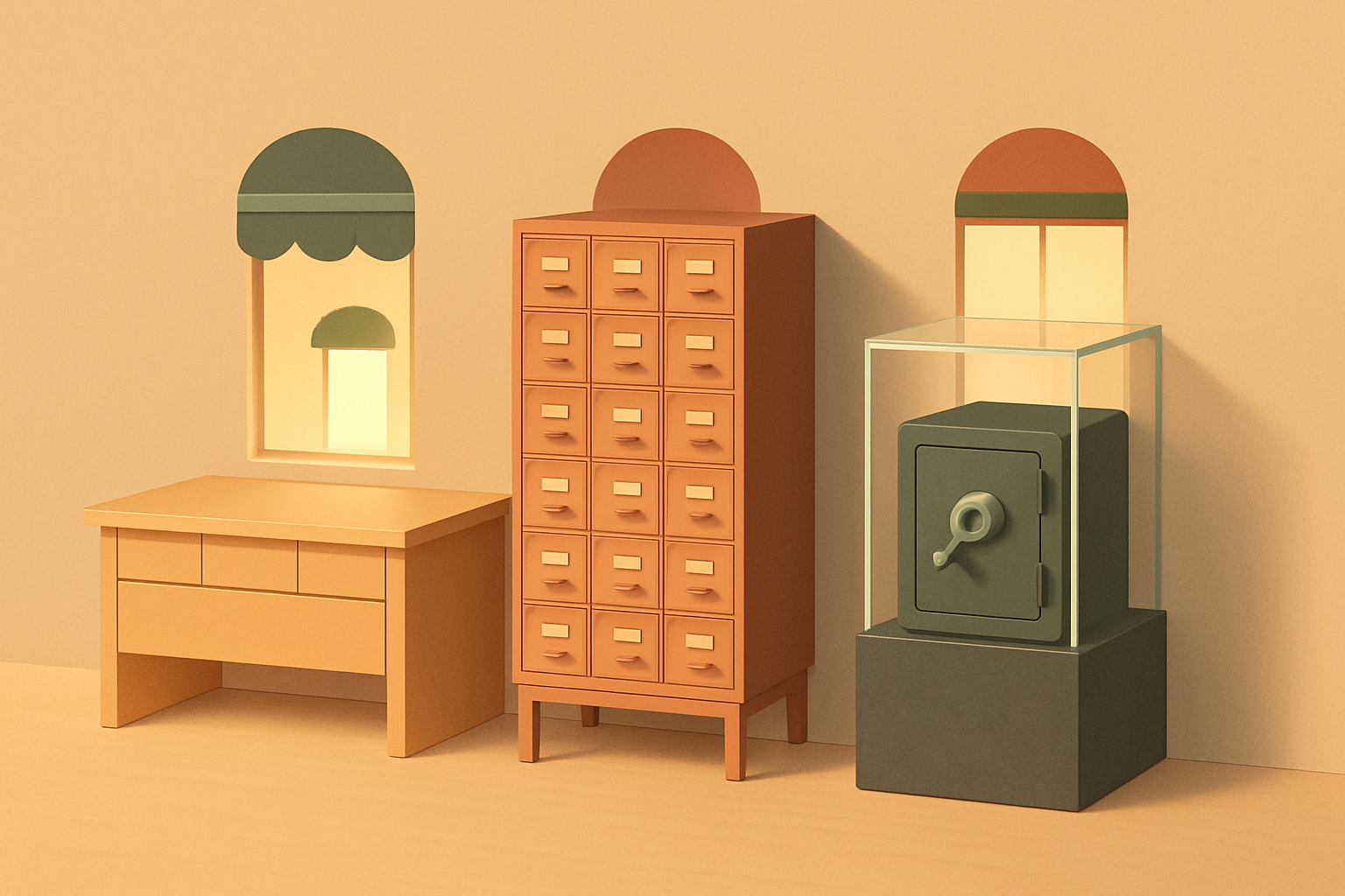 Three stylized content storage objects on a warm beige desk, a bank of drawers built into the desk, a freestanding labeled cabinet, and a glass case over a safe, each feeding a glowing storefront window.