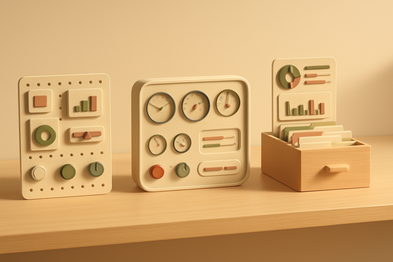 Three minimalist control panels on a warm wood desk: a modular pegboard of interchangeable tiles, a pre-built gauge cockpit, and a panel rising from a filing-cabinet drawer of data cards, representing Refine, React-Admin, and AdminJS