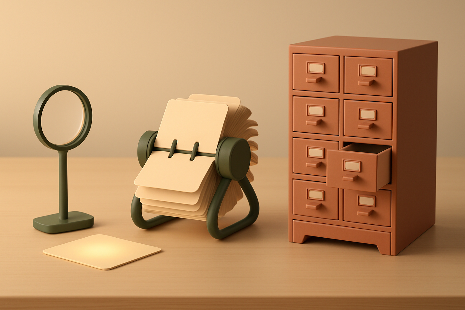 Three stylized objects on a warm beige desk, a small magnifying lens over a glowing card, a rotary card-file mid-spin, and a tall terracotta card-catalog cabinet, representing lightweight, fast, and heavyweight open-source search engines.