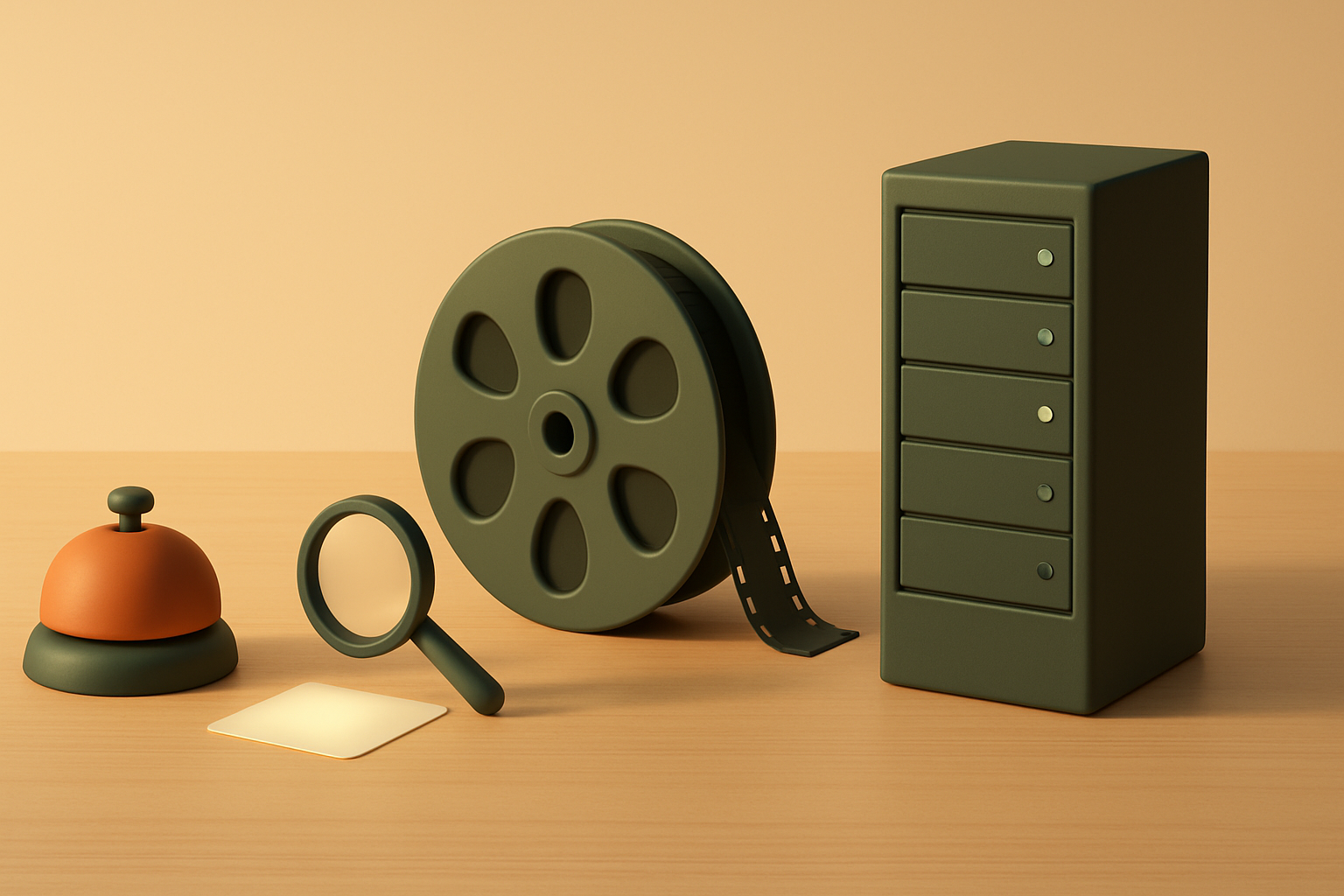 A small service bell, a magnifying lens over a glowing card, a film reel, and a tall multi-drawer server cabinet on a warm wooden desk, representing lightweight, session-replay, and heavyweight error-monitoring tools.