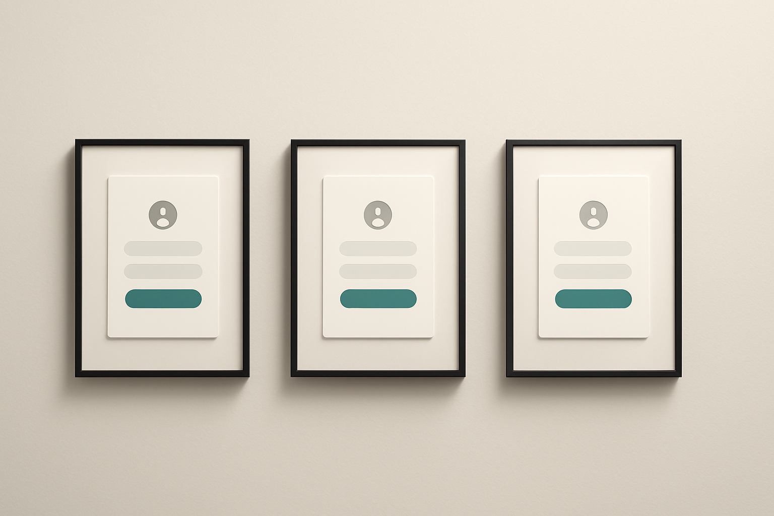 Three framed login-form cards hung in a row on a gallery wall, representing three open-source auth options for Next.js