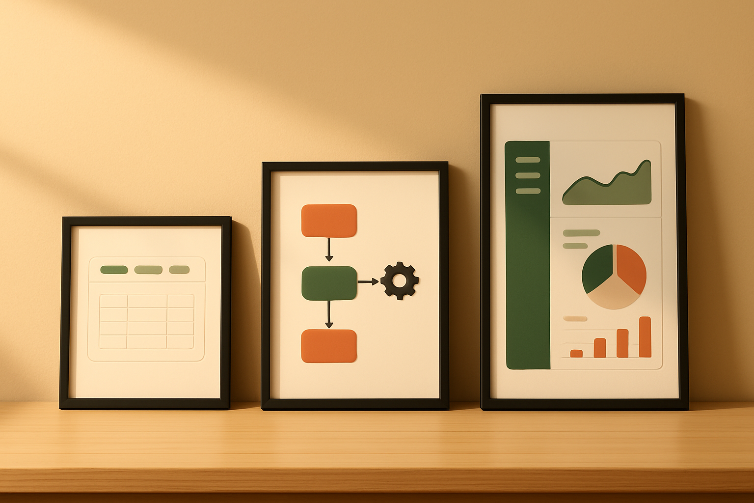 Three framed dashboard illustrations on a shelf reading as a weight ladder for open-source internal tools builders