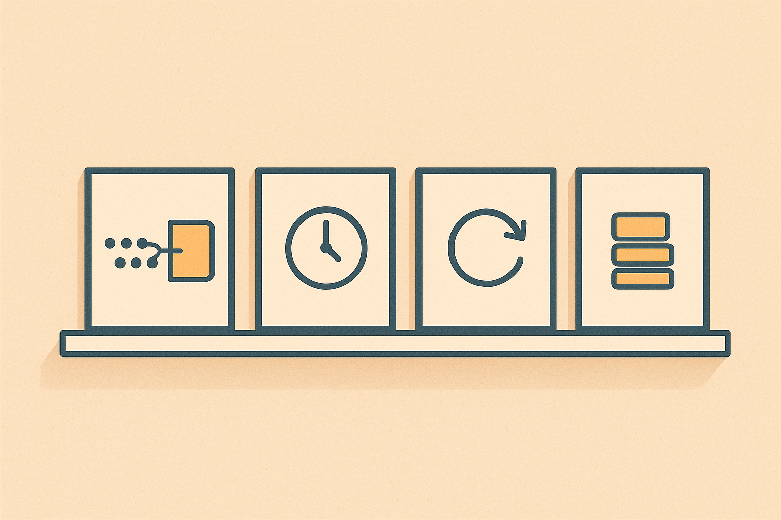 A curated gallery shelf of framed background-job diagrams: pipelines, workers, a schedule clock, and retry arrows