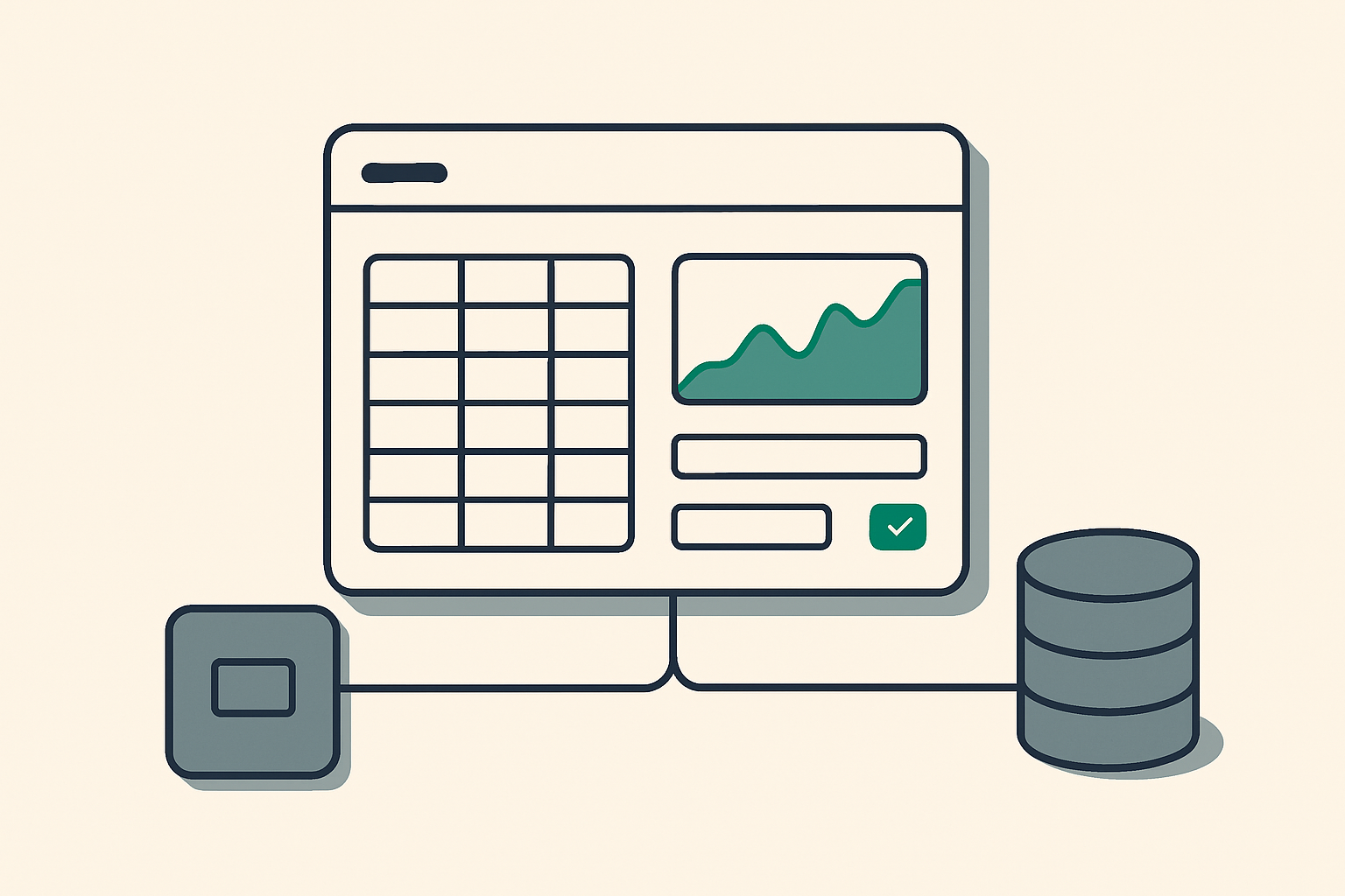 A self-hosted internal-tools admin dashboard, with a data table and chart, wired to a separate application block and a database, in a slate and emerald-green palette