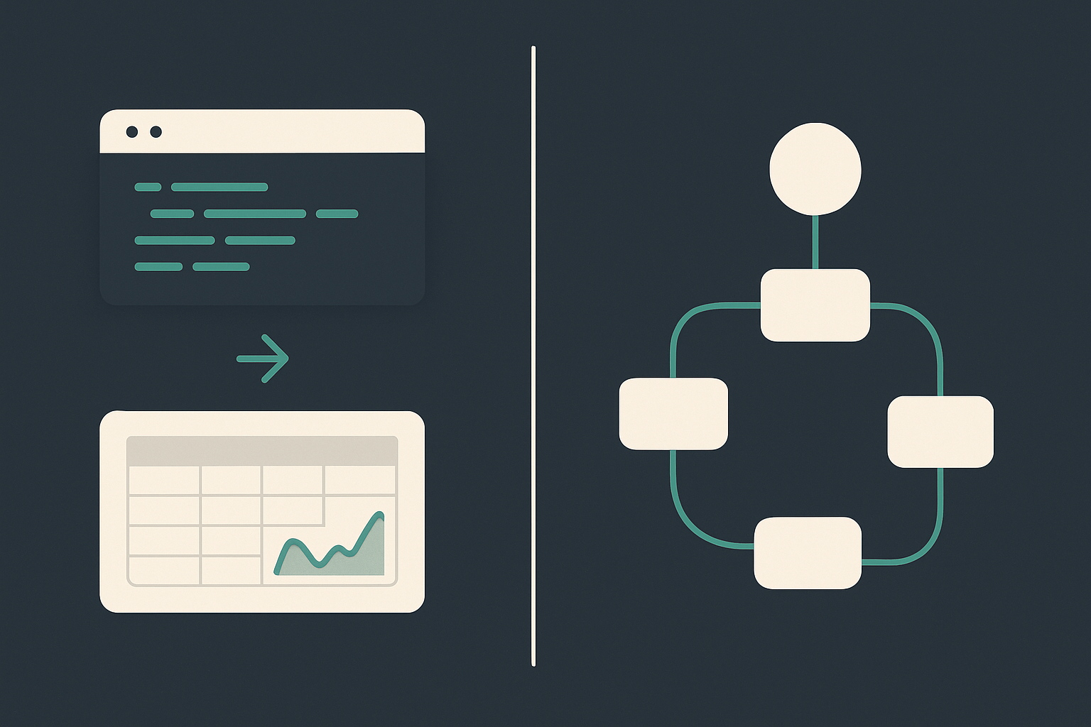 A code-first script morphing into an internal-tool UI on the left, a visual node-based automation canvas on the right, split by a divider, in a slate and emerald-green palette