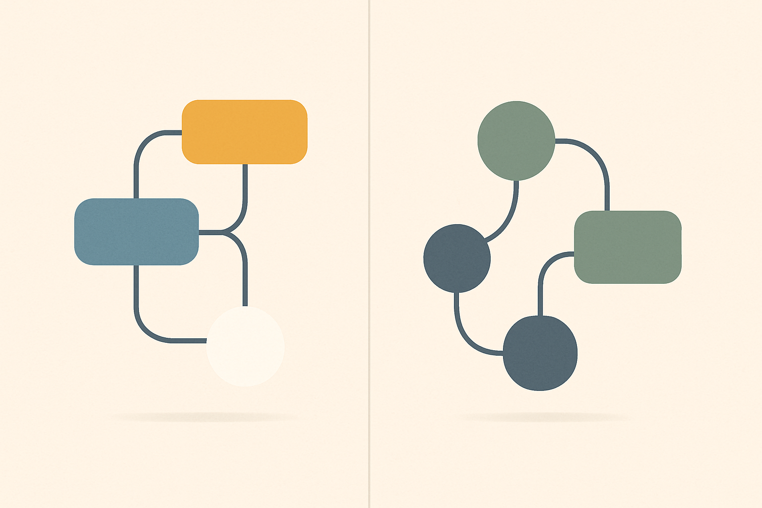 Two abstract flow-diagram canvases side by side, one with blue and yellow nodes and one with green and slate nodes, representing the Langflow and Flowise visual AI agent builders