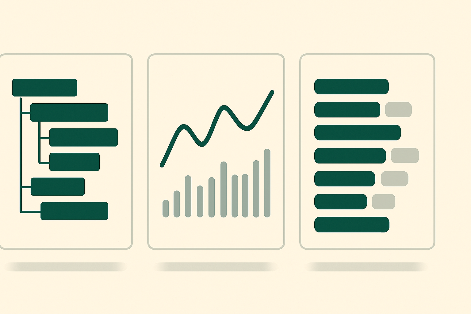 Three abstract telemetry panels side by side: a trace-timeline waterfall, a latency line chart, and a request-log stream, in emerald and slate on a warm off-white background