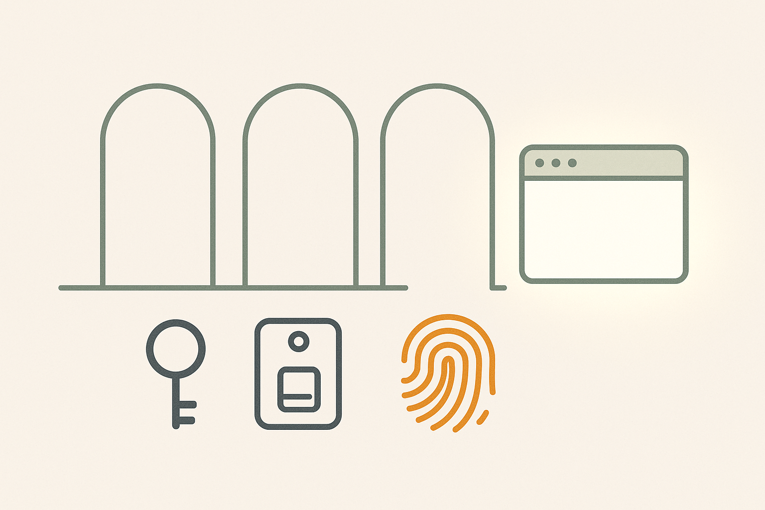 Three minimalist arched gateways beside a key, a keycard, and a fingerprint glyph leading to a single app window, representing the choice between Clerk, WorkOS, and Kinde authentication for a Next.js app