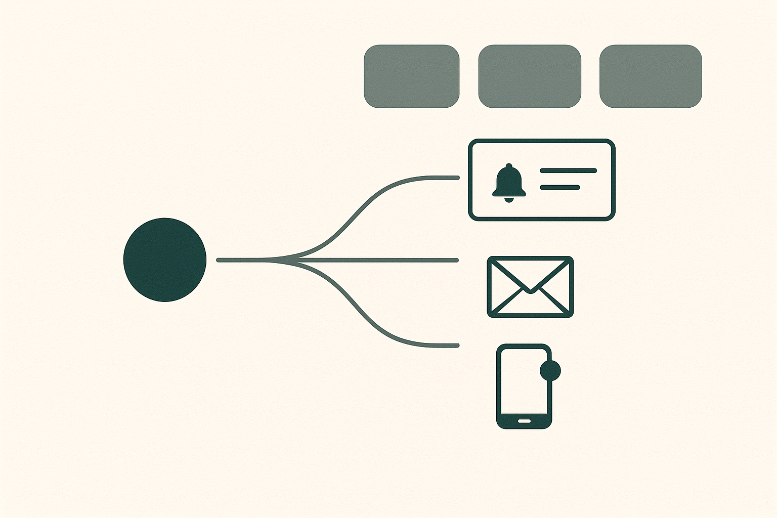 One event routing to in-app inbox, email, and push channels across three notification platforms, ShipGarden, 2026