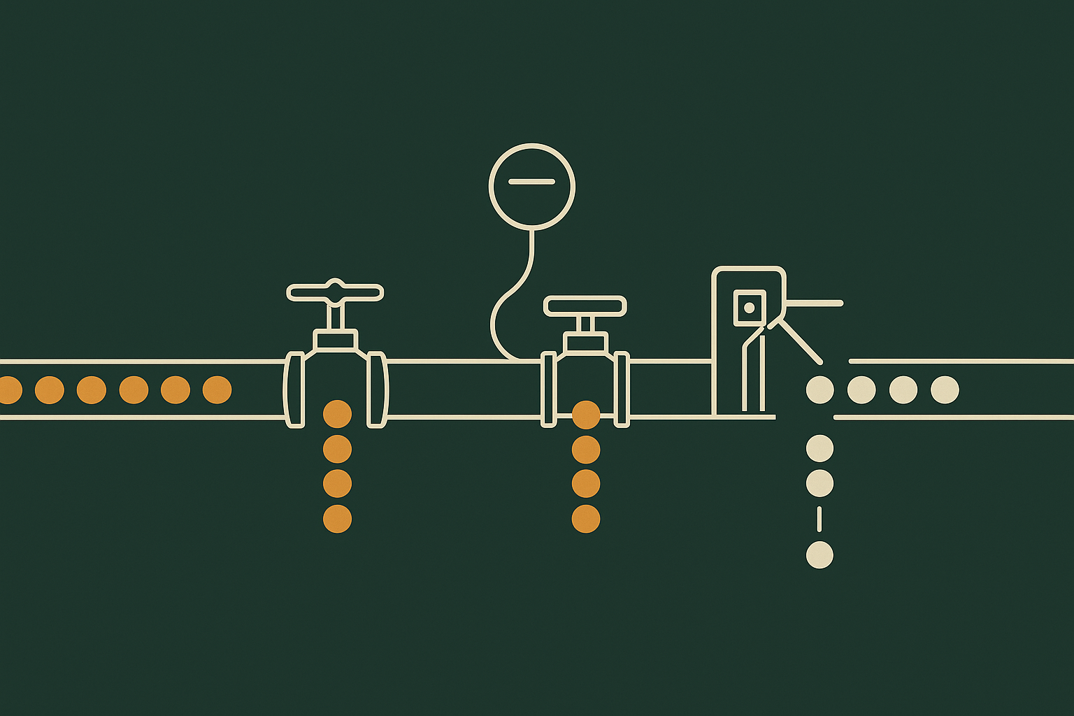 A stream of requests meeting three different metering gates, an inline valve, a valve wired out to a remote datastore, and a keyed turnstile, with held-back requests queued behind each, ShipGarden, 2026