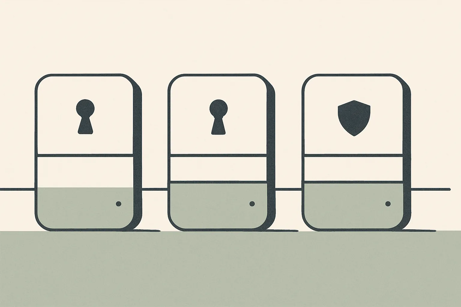 Three flat-illustration vault modules on a moss green background, each divided by the same horizontal line at a different height