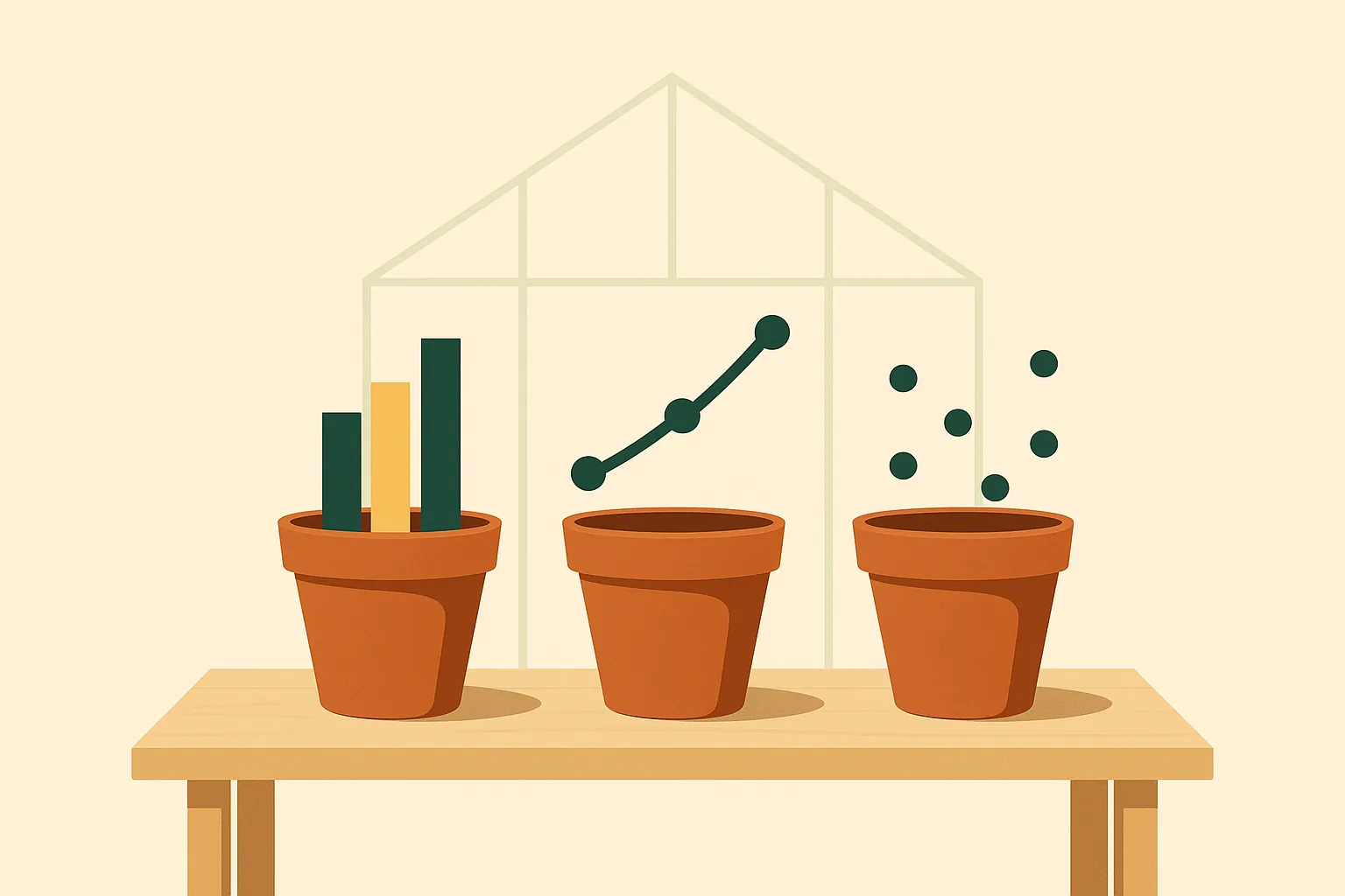 Three terracotta propagation pots on a potting bench, each growing a simple chart form instead of a plant: a bar chart, a line chart and a scatter plot