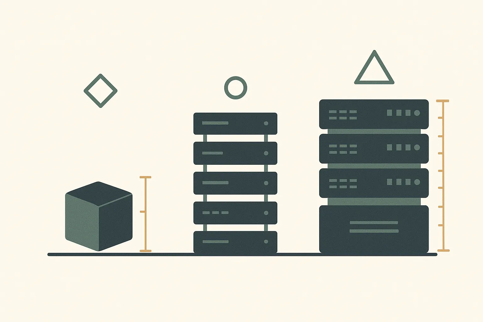 Flat illustration on a warm off-white background: three server stacks of different sizes on one baseline. A single small cube on the left, a tall stack of thin slabs in the middle, and a bulkier stack on the right whose bottom slab is far thicker, with amber measurement brackets alongside.