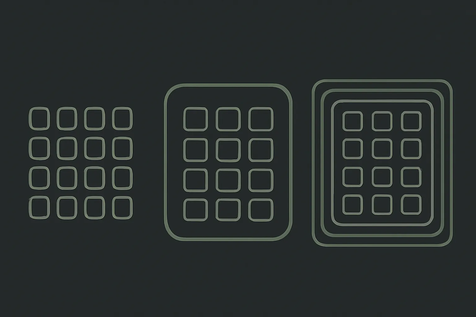 Flat vector schematic in moss green on dark charcoal: three calendar grids side by side, the first a loose set of separate cells, the second sealed inside one single unbroken outline, the third wrapped in several concentric frames.
